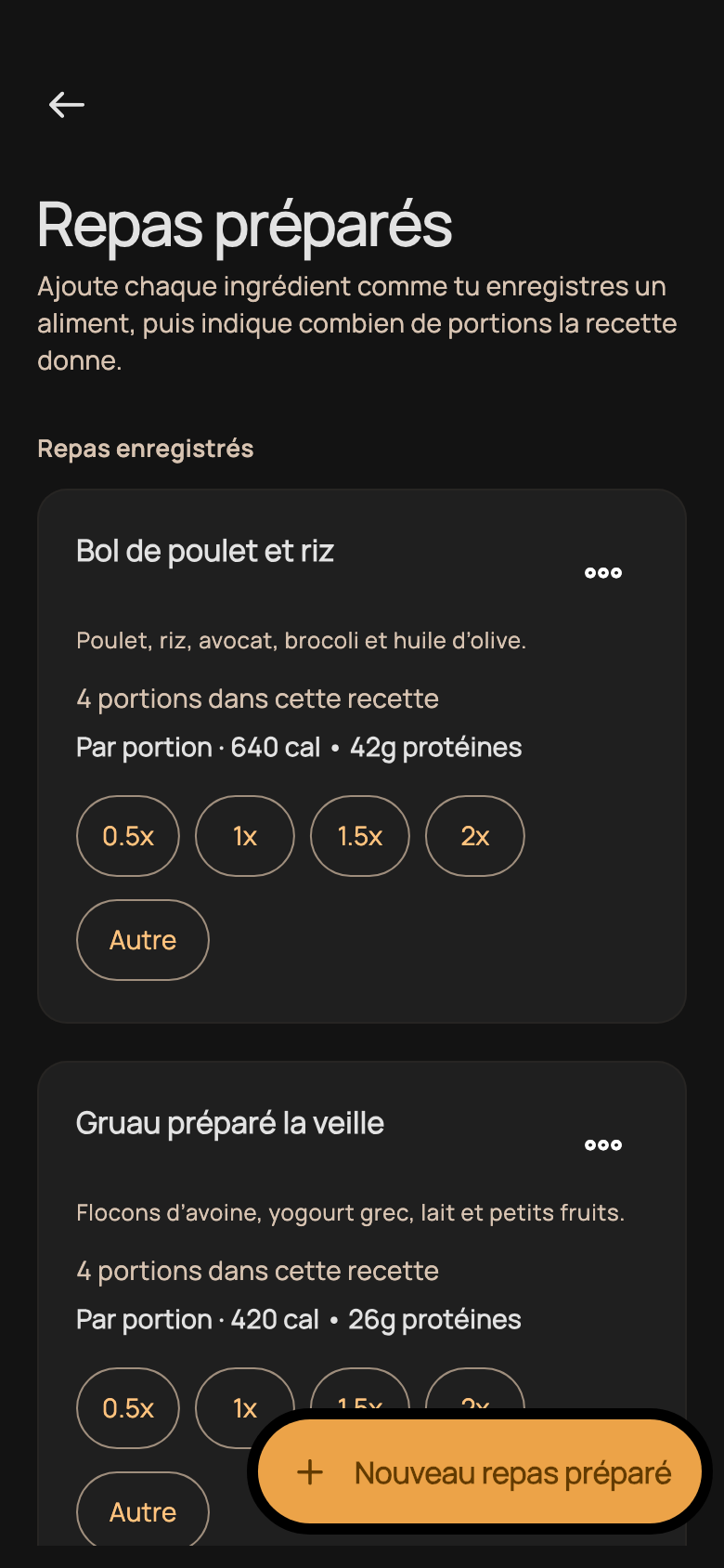 Préparation de repas Sando avec une recette enregistrée et les commandes de portions.