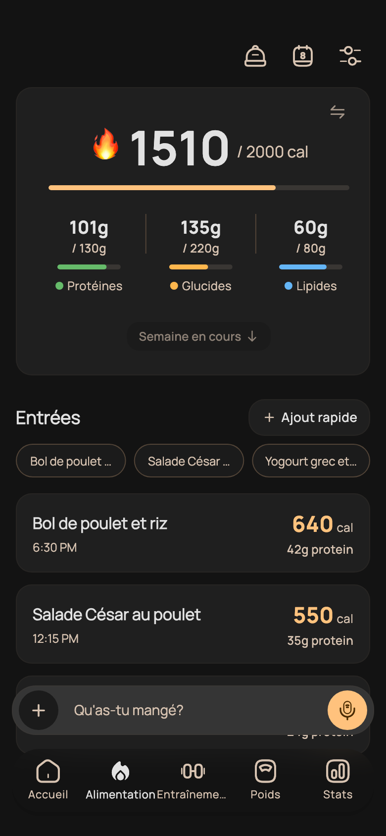 Journal alimentaire Sando avec un bilan des calories et macronutriments et des exemples de repas.