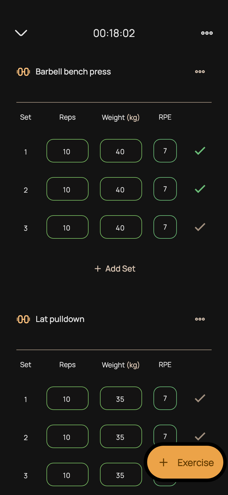 Sando workout logging screen with exercises, sets, reps and weights.